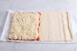 Fertigen Pizzateig mit Tomatensoße und Käse belegen.